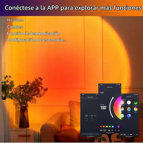 Vista 4 de Proyector de lámpara LED de puesta de sol, iluminación de estado de ánimo con cambio de 21 colores mediante aplicación y control remoto, iluminación
