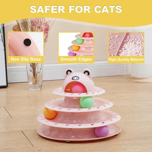 Vista 4 de Gefryco Cat Toys - Pista de rodillos de 4 niveles, juguete de torre giratoria para gatos con pelotas de persecución coloridas, juguetes interactivos