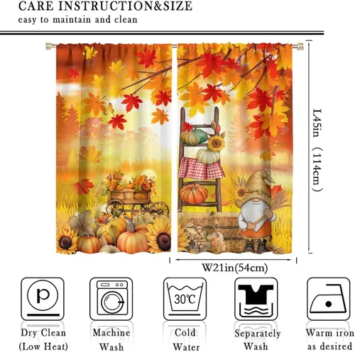 Vista 2 de Cortinas de calabaza enana de otoño, decoración del hogar de Acción de Gracias en otoño, patrón de hojas de arce y girasol, 42 pulgadas de ancho x