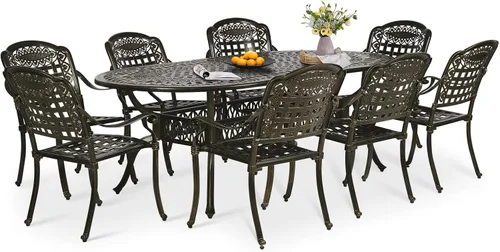 Vista 32 de Juego de comedor de patio de 9 piezas, mesa y sillas de patio al aire libre, mesa de comedor ovalada de aluminio fundido de 84 pulgadas con agujero
