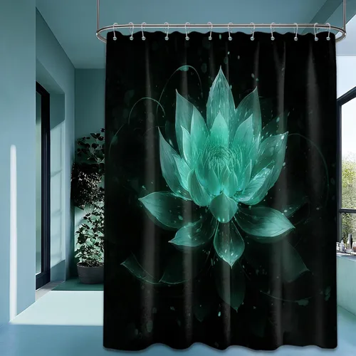 Vista 36 de Cortina de ducha con flores de loto negro y azul para decoración de baño, juego de cortinas decorativas de baño con estampado floral, tela