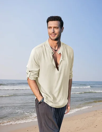 Vista 2 de COOFANDY Camisa Henley de algodón y lino para hombre, camisas de manga larga para playa, hippie