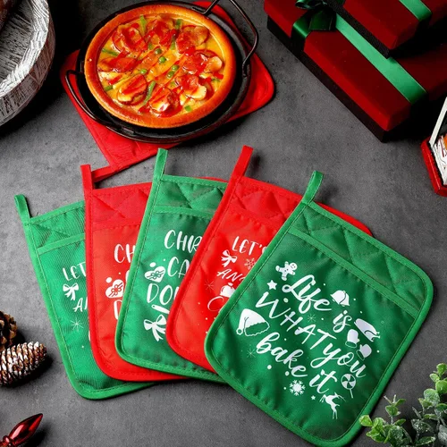 Vista 3 de 6 agarraderas de Navidad con bolsillo para cocina, almohadilla caliente, manoplas de horno de granja, bolsa de galletas para regalo de Navidad verde