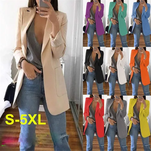 Vista 2 de Andongnywell - Chaqueta de manga larga para mujer estilo casual con frente abierto color liso para novio con bolsillos para ropa exterior