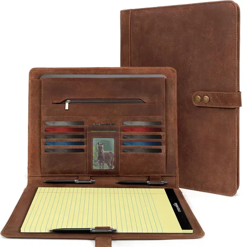 Vista 8 de Carpeta de piel ELIZO, portafolio de cuero para hombres y mujeres, organizador profesional de cartera de negocios, cartera de cuero con correa