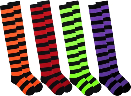 Vista 3 de Aneco 4 pares de calcetines de rayas altas por encima de la rodilla, accesorios de Halloween, cosplay, calcetines altos para adultos, mujeres y niñas