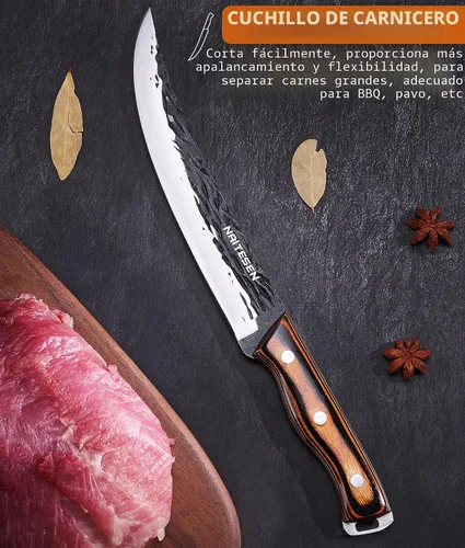 Vista 3 de Naitesen 4 piezas de cuchillo de carnicero forjado a mano y cuchillo de cocina 2 en 1, juego de cuchillo de chef serbio resistente para carne