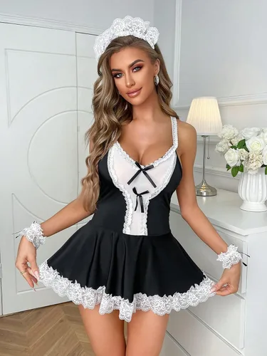Vista 6 de OYOANGLE Conjunto de lencería exótica de 5 piezas para mujer, disfraz de sirvienta de encaje floral, babydoll