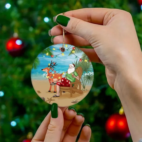 Vista 4 de Adornos para árbol de Navidad, Papá Noel en la playa, adorno de Navidad, adorno de recuerdo para decoración del hogar, colgantes colgantes colgantes