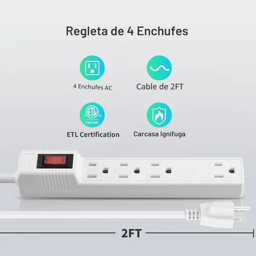 Vista 2 de PLUGTUL Regleta protectora contra sobretensiones, paquete de 2 – 4 tomas de corriente y cable de extensión de 2 pies, 1875 W/15 A 90 julios