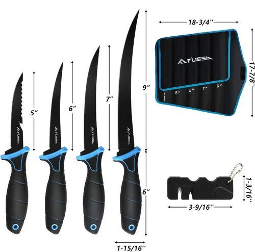 Vista 9 de FLISSA Juego de cuchillos de filete, cuchillo deshuesador y cuchillos de cebo con afilador, funda protectora, clip para cinturón, mango