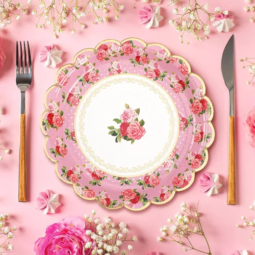 Vista 3 de Suclain 100 platos de papel para fiesta de té de flores de 7 pulgadas, platos de papel floral vintage para invitados, cenas, fiestas de té, bodas