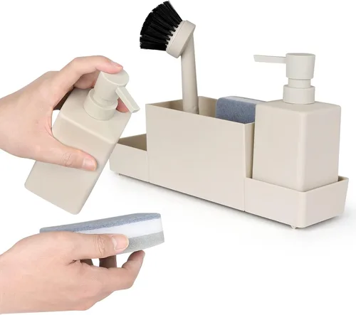 Vista 2 de Dispensador de jabón de cocina con soporte de esponja para fregadero, dispensador de jabón de manos y jabón para platos con cepillo beige mate