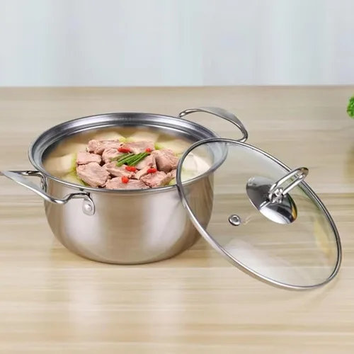 Vista 7 de Generic Juego de ollas de acero inoxidable, elegantes utensilios de cocina con mango de desgaste térmico, tapas de vidrio, base apilable, juego de 5