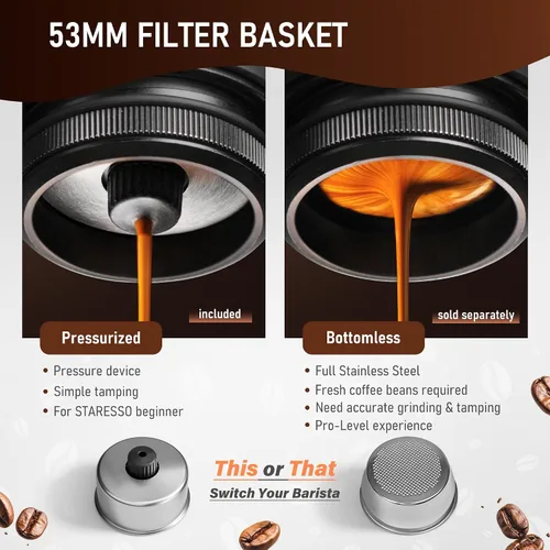 Vista 4 de STARESSO PLUS SP300 - Máquina de café espresso manual portátil, compatible con café molido y filtro presurizado, para uso en casa, viajes, camping