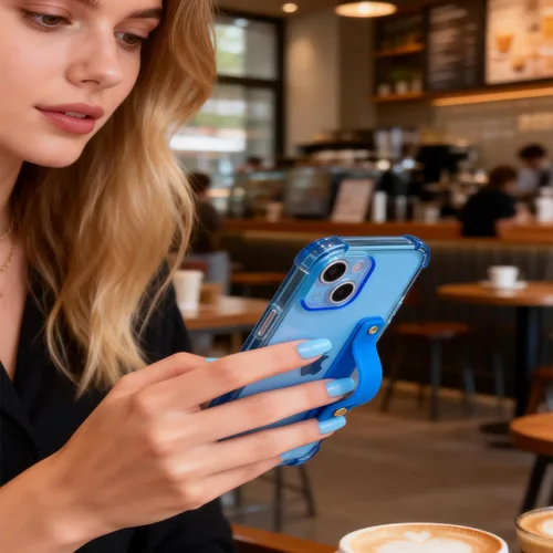 Vista 4 de Funda con correa para iPhone 15 de 6.1 pulgadas con soporte de pulsera, TPU suave y transparente protector a prueba de golpes, resistente, lazo