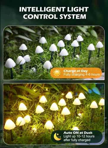 Vista 4 de Luces solares de jardín en forma de hongo para exteriores, 20 LED 32.8 FT luces solares para caminos al aire libre impermeables para cerca con 8