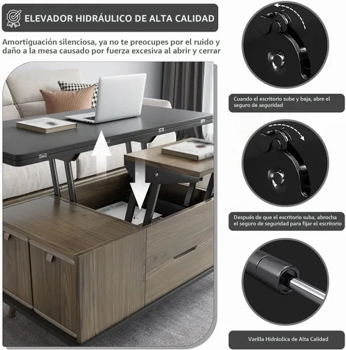 Vista 5 de Mesa de centro elevable con 4 taburetes de poliuretano, mesa de centro clásica de color negro con contraste marrón que se convierte en mesa