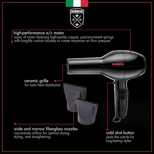 Vista 3 de Solano Vero Ceramic - Secador de pelo iónico, antiencrespamiento, suavidad y brillo, secador de cerámica de alto rendimiento de 1600 W, secador