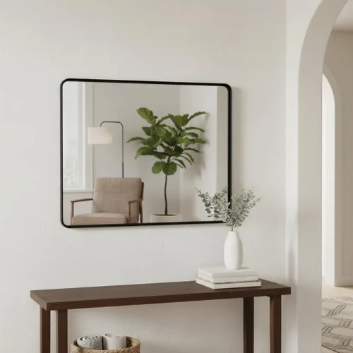 Vista 2 de Tangkula Espejo de baño de 36 x 24 pulgadas para pared, espejo moderno rectangular con marco de acero sólido y esquinas redondeadas, espejo