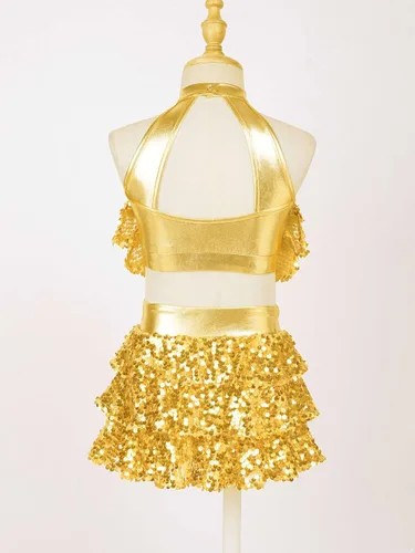 Vista 4 de Traje de baile de 2 piezas de lentejuelas brillantes para niñas y niñas, para baile de jazz latino