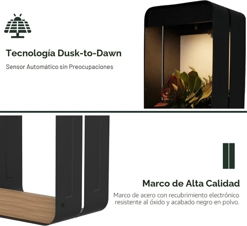 Vista 5 de Grand patio Aplique de pared solar al aire libre con estante y jardinera, lámpara de pared impermeable con LED para decorar con veta de madera