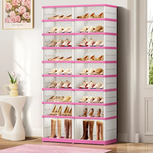 Vista 10 de CIMLORD Zapatero plegable ancho de 6 niveles con puertas para 24 pares, negro-rosa Zapatero grande plegable para 24 pares, se pliega compacto.