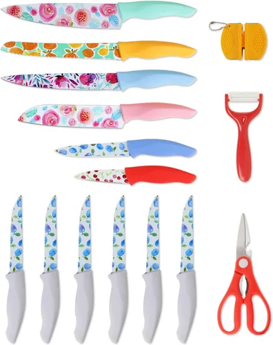 Vista 4 de G.a HOMEFAVOR Juego de cuchillos para cocina, 16 cuchillos de cocina de hoja con revestimiento antiadherente de acero inoxidable con soporte