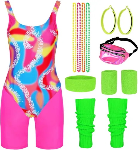 Vista 2 de CICOCI Traje de entrenamiento de los años 80 para mujer, disfraz de hoja rodante con accesorios de los años 80, conjunto retro para fiestas