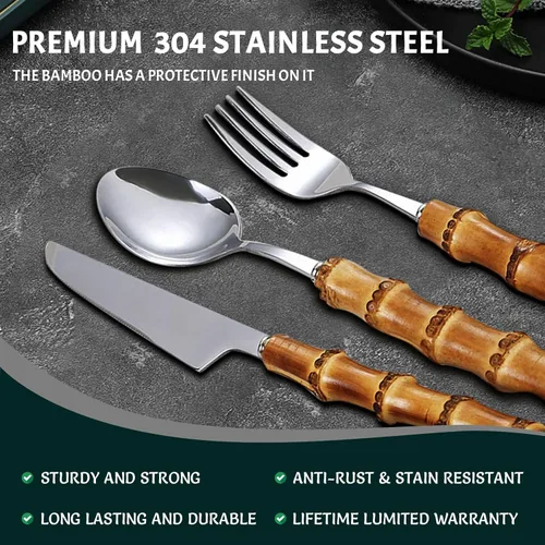 Vista 7 de Juego de cubiertos de bambú de 20 piezas con mango de bambú, juego de cubiertos de acero inoxidable, utensilios de cocina para el hogar