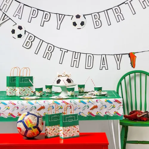 Vista 6 de Decoraciones reutilizables para fiestas de fútbol, banderines de feliz cumpleaños para adultos, niños y niñas, pancarta de papel de fútbol ecológico