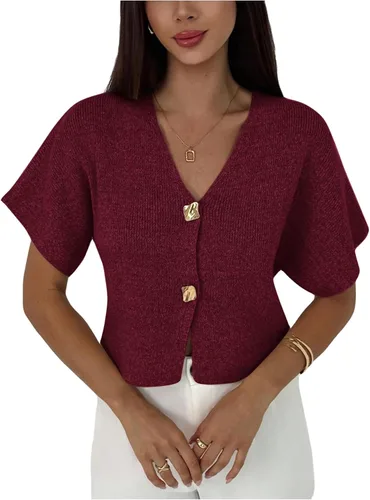 Vista 23 de SOLY HUX Cárdigan de manga corta con cuello en V para mujer Caqui liso.