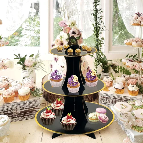 Vista 4 de Soleebee Soporte redondo de 3 niveles para cupcakes, torre de cartón para cupcakes, torre de soporte para pasteles de postre para decoración