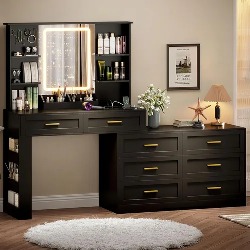 Vista 8 de ELYKEN Tocador de maquillaje con cómoda, escritorio de tocador con estación de carga y espejo iluminado para dormitorio, mesa de tocador