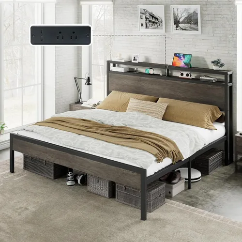 Vista 13 de AMERLIFE Base de cama tamaño Queen con cabecera de almacenamiento y estación de carga, cama de plataforma de metal industrial con gran Negro