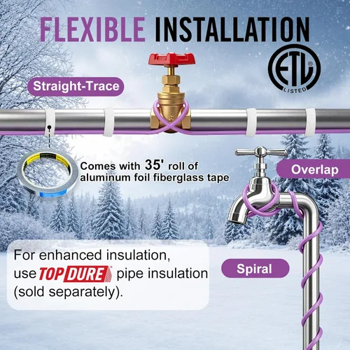 Vista 7 de Cinta térmica de 2 pies para tuberías de agua Cable de calefacción de techo y canaletas con enchufe iluminado de 6 pies