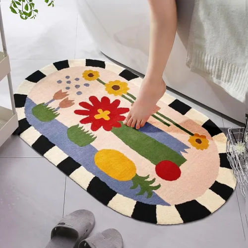 Vista 2 de Alfombra ovalada de 39.4 x 47.2 pulgadas, lavable, alfombra de juegos para niños, alfombra de cachemira sintética a rayas para sala de estar