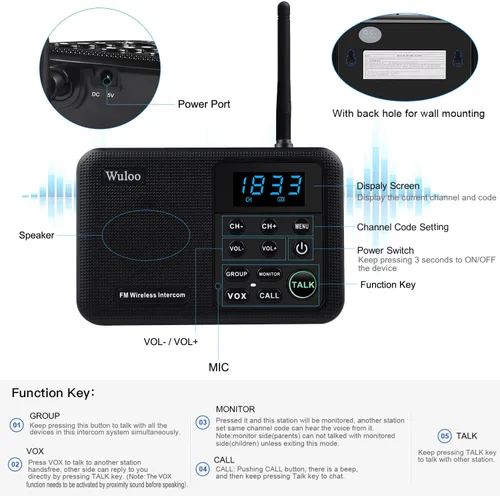Vista 5 de Wuloo Intercomunicadores inalámbricos para el hogar de 1 milla de alcance 22 canales 100 pantalla de visualización digital, sistema