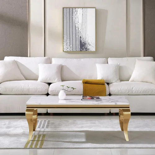 Vista 6 de Mesa de centro moderna, mesa central rectangular de mármol sintético blanco de 47 pulgadas, mesa de té de cóctel con acabado espejo dorado, base