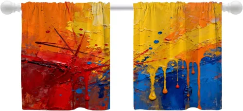 Vista 11 de Shrahala Beige and Orange Abstract Art Brushstrokes Blackout Curtain Tiers, Abstract Oil Paint Kitchen Valance Light Blocking Tier Drapes with Rod