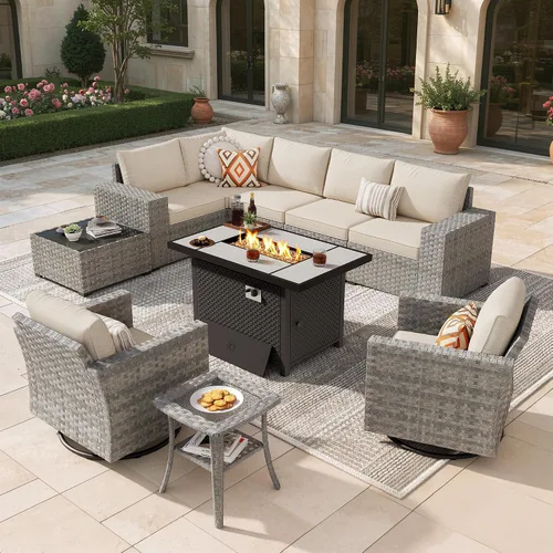 Vista 20 de Juego de muebles de patio de 6 piezas, sofá modular de mimbre para exteriores con mesa auxiliar, cómodos cojines, moderno sofá modular de ratán