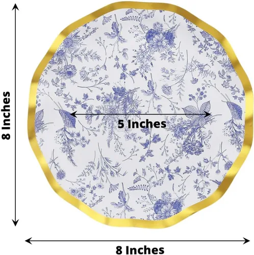 Vista 3 de Efavormart - Paquete de 25 platos de postre de papel chino chino azul y blanco con borde ondulado dorado de 11.32 oz/m² para recepciones y fiestas