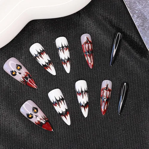 Vista 5 de Paquete de 6 144 uñas acrílicas de Halloween a presión, uñas postizas reutilizables de cobertura completa, uñas postizas adhesivas con pegamento