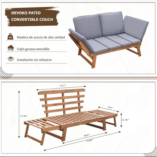 Vista 2 de Devoko Outdoor Couch Acacia Wood Outdoor Sofa Balcony Furniture (Grey)