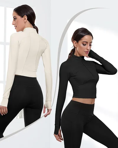 Vista 3 de Neer Paquete de 2 chaquetas de manga larga para mujer, con cremallera de 12, ombligueras de yoga, ajustadas, para correr, con agujeros para el pulgar
