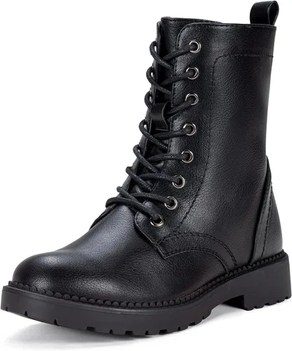 Vista 14 de Vepose Botas militares de combate para mujer, botas planas de tobillo en negro, con cremallera interior, estilo 925