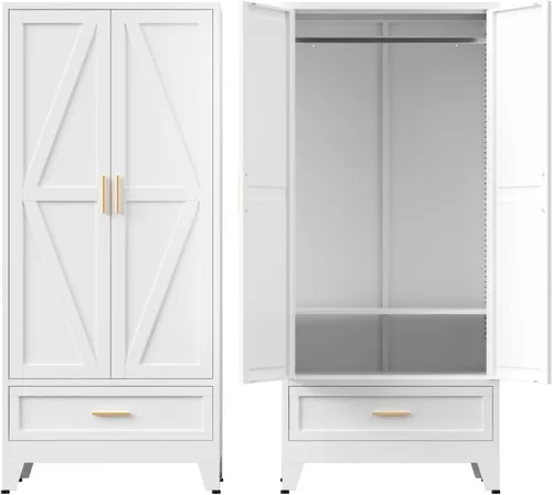 Vista 22 de COFaR Armario Armario con cajones y barra para colgar, armario de metal de 71 pulgadas con puertas y estante ajustable, armario de granja para Blanco