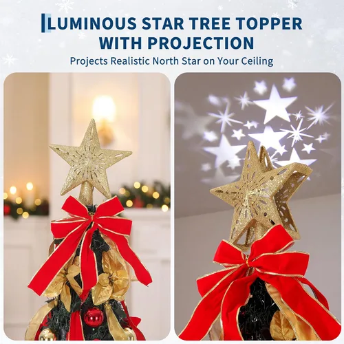 Vista 2 de Árbol de Navidad desplegable de 6 pies, árbol de Navidad preiluminado con Árbol de Navidad plegable con 200 luces LED preiluminadas, proyecta