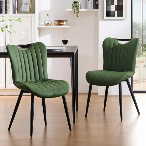 Vista 9 de Juego de 2 sillas de comedor tapizadas de cuero, modernas sillas de comedor de cocina de mediados de siglo con patas de metal negro, sillas