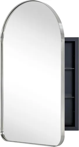Vista 12 de Botiquín de baño empotrado en arco dorado cepillado con espejo de acero inoxidable con marco de metal rectangular con espejo de 16 x 28.3 pulgadas
